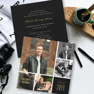 Invitación 4 Cuadrado Negro Minimalista Fiesta de Graduación