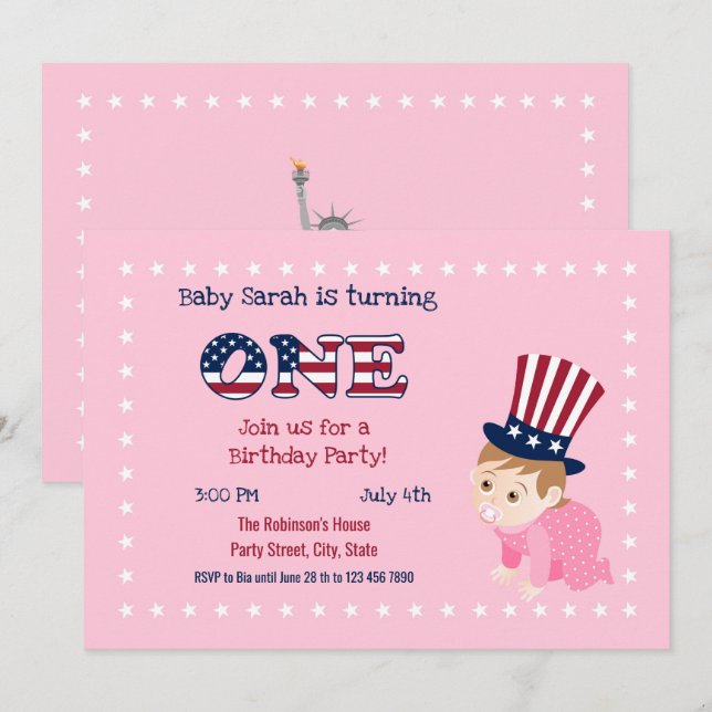 Invitación 4 de julio 1 Nacimiento Niña Fiesta (Anverso / Reverso)