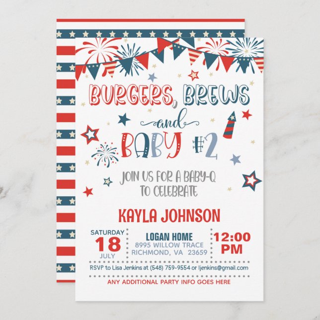 Invitación 4 de julio Baby Q Baby Shower - Baby 2 (Anverso / Reverso)