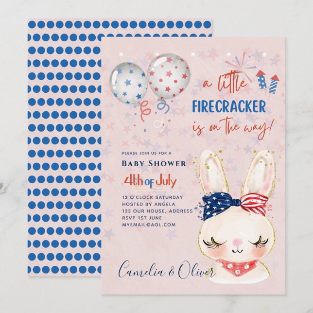 Invitación 4 de julio BABY SHOWER INVITE Firecracker Bunny (Anverso / Reverso)