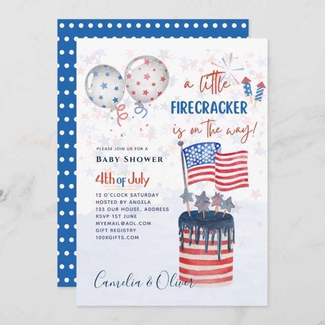 Invitación 4 de julio BABY SHOWER INVITE Firecracker Cake Fla (Anverso / Reverso)
