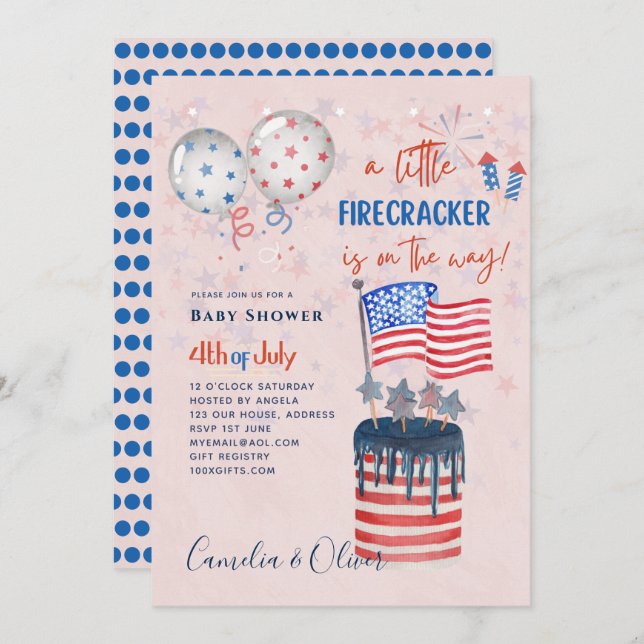 Invitación 4 de julio BABY SHOWER INVITE Firecracker Cake Fla (Anverso / Reverso)
