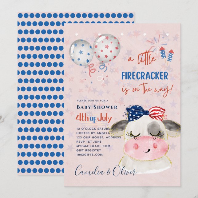 Invitación 4 de julio BABY SHOWER INVITE Firecracker Cow (Anverso / Reverso)