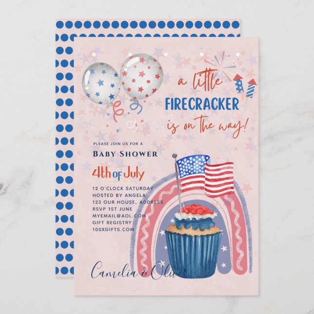 Invitación 4 de julio BABY SHOWER INVITE Firecracker Cupcake (Anverso / Reverso)