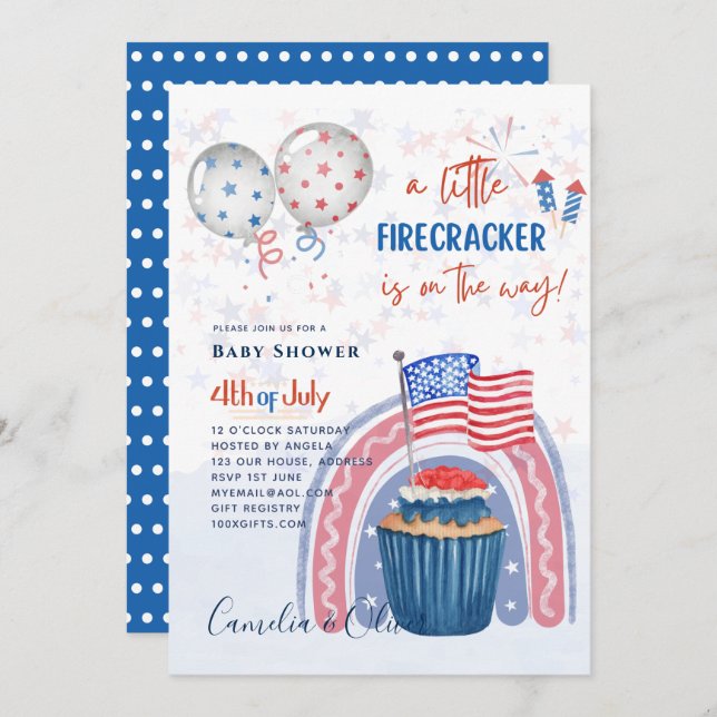 Invitación 4 de julio BABY SHOWER INVITE Firecracker Cupcake (Anverso / Reverso)