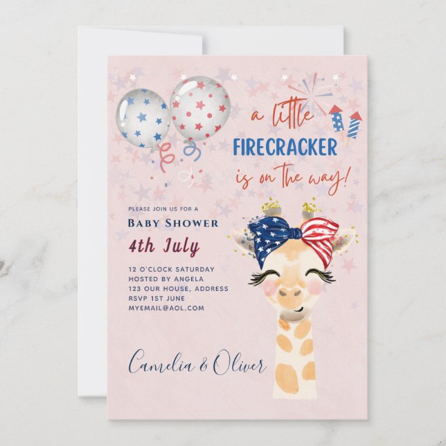 Invitación 4 de julio BABY SHOWER INVITE Firecracker Giraffe (Anverso)
