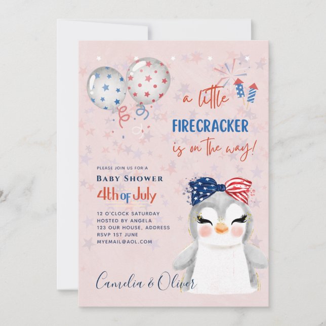 Invitación 4 de julio BABY SHOWER INVITE Firecracker Penguin (Anverso)