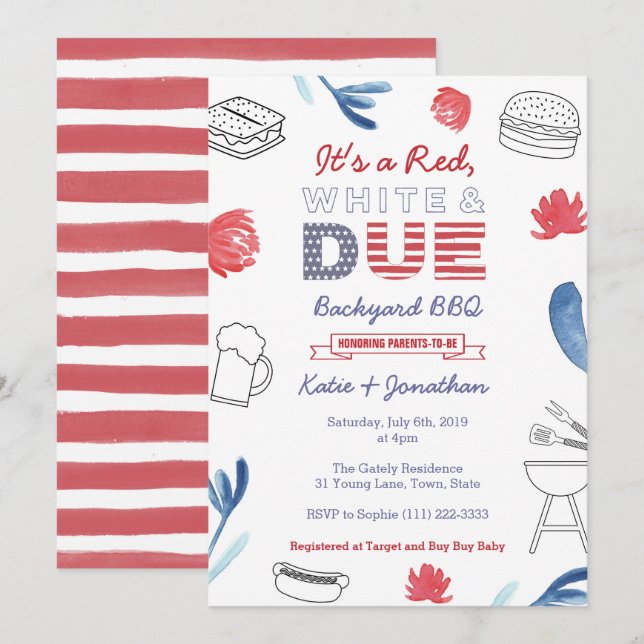 Invitación 4 de julio Baby Shower Red White Blue Backyard BBQ (Anverso / Reverso)