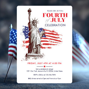 Invitación 4 de julio Bandera de Estados Unidos y Estatua del