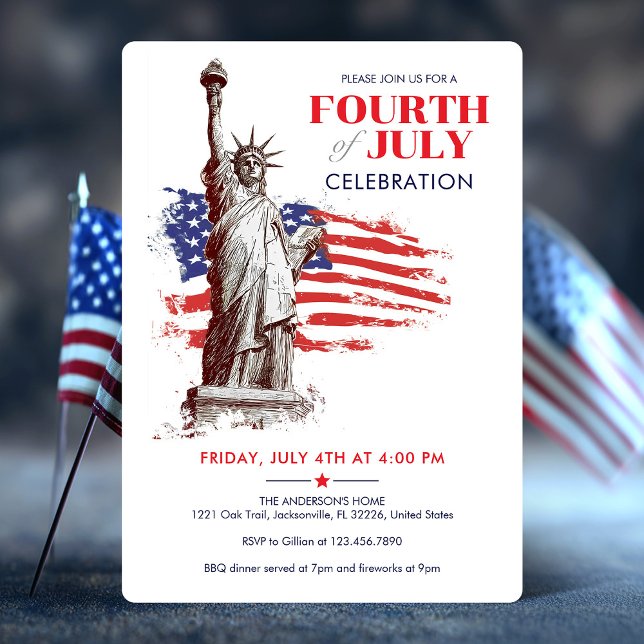 Invitación 4 de julio Bandera de Estados Unidos y Estatua del (July 4th USA Flag & Statue of Liberty illustration Invitation)