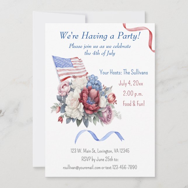 Invitación 4 de julio Bandera de las Flores Blancas Rojas (Anverso)