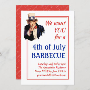 Invitación 4 DE JULIO BARBACOA Tío Sam Personalizado ROJO