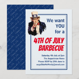 Invitación 4 DE JULIO BBQ BARBECUE Tío Sam Personalizado