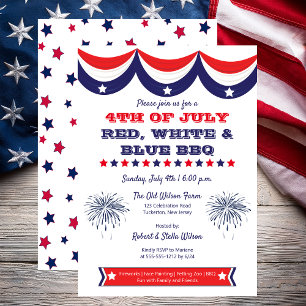 Invitación 4 de julio BBQ de blanco rojo y azul