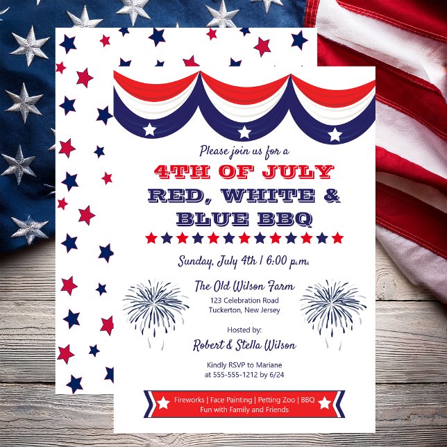 Invitación 4 de julio BBQ de blanco rojo y azul (Patriotic Bunting 4th of July Red, White and Blue BBQ Invitation - Print and/or Digital Download)