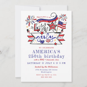 Invitación 4 de julio BBQ en el patio trasero y fuegos artifi
