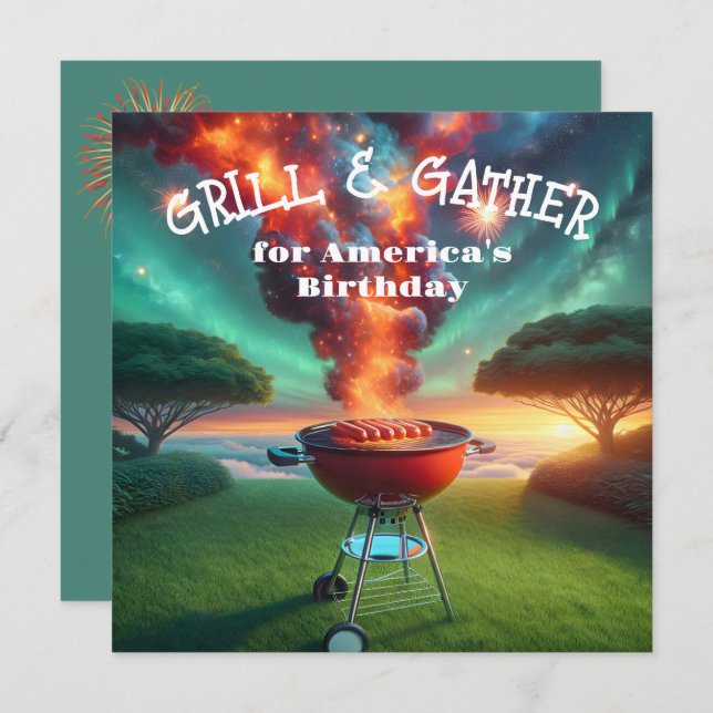 Invitación 4 de julio BBQ Fiesta con parrilla y fuegos artifi (Anverso / Reverso)