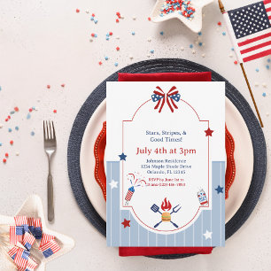 Invitación 4 de julio BBQ Rojo Blanco Azul Rayas Patriótico