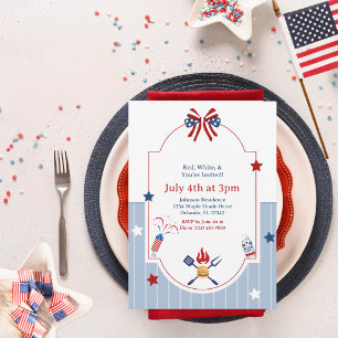 Invitación 4 de julio BBQ Rojo Blanco Azul Rayas Patriótico
