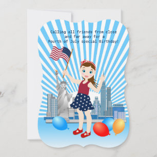 Invitación 4 de julio Chica de cumpleaños con bandera de Esta