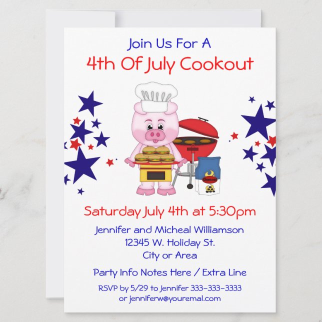 Invitación 4 de julio Cocina divertida Cerdo Hamburguesas y E (Anverso)