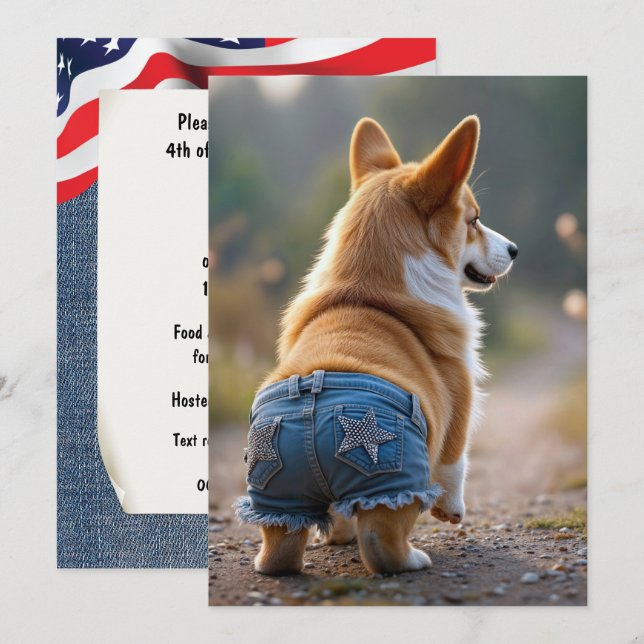 Invitación 4 de julio Corgi Dog (Anverso / Reverso)