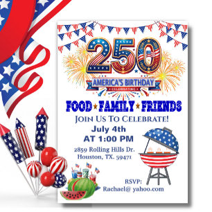Invitación 4 de julio cumpleaños 250 de América BBQ Patriótic