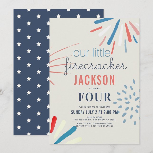 Invitación 4 de julio, cumpleaños de fuegos artificiales (Anverso / Reverso)