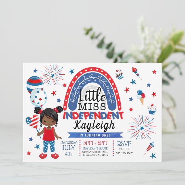 Invitación 4 de julio, cumpleaños de la pequeña Miss Independ (Anverso de pie)