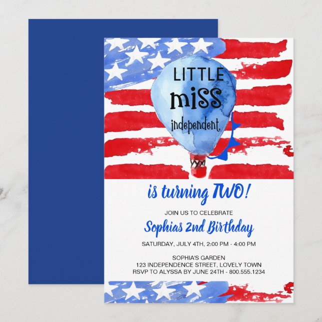Invitación 4 de julio, cumpleaños de la pequeña Miss Independ (Anverso / Reverso)
