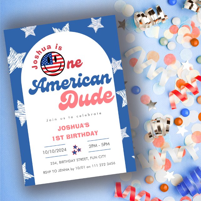 Invitación 4 de julio, cumpleaños de un estadounidense (One American Dude 4th of JUly 1st Birthday Invitation)