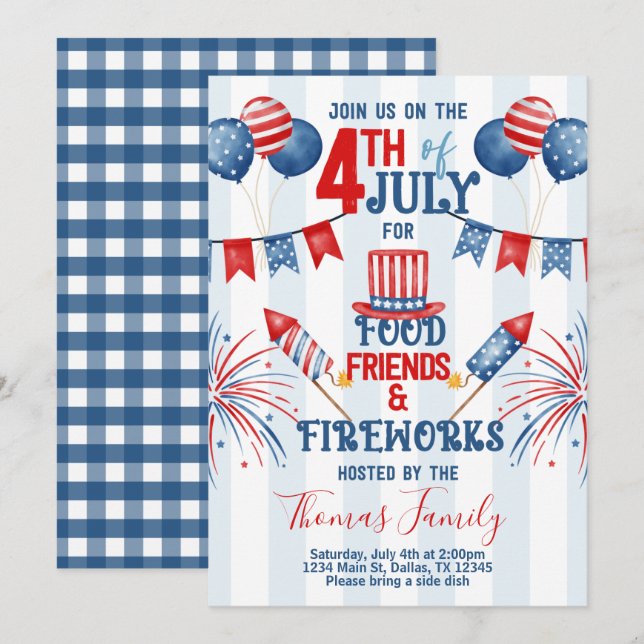 Invitación 4 de julio Día de la Independencia BBQ Party Invit (Anverso / Reverso)