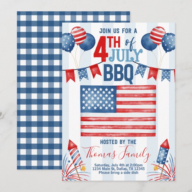 Invitación 4 de julio Día de la Independencia BBQ Party Invit (Anverso / Reverso)