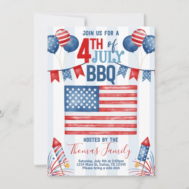 Invitación 4 de julio Día de la Independencia BBQ Party Invit (Anverso)
