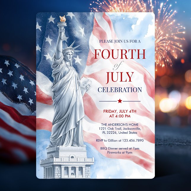 Invitación 4 de julio Estatua de la Libertad y Ilustracion de (July 4th Statue of Liberty & USA Flag Illustration Invitation)