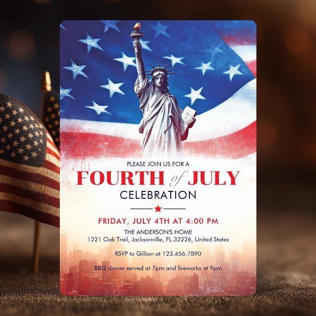 Invitación 4 de julio Estatua de la Libertad y la Bandera de  (July 4th Statue of Liberty & USA Flag Vintage Art Invitation)