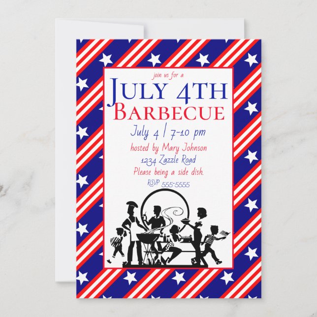 Invitación 4 de julio Estrellas de barbacoa, rojo, franjas bl (Anverso)