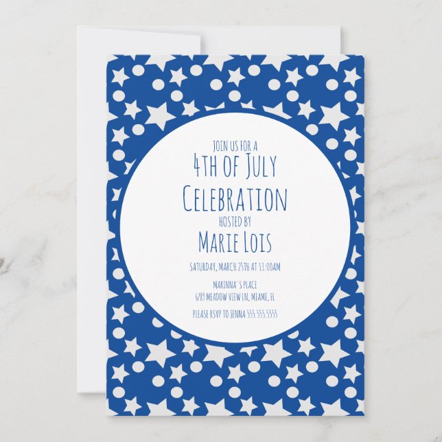 Invitación 4 de Julio Estrellas y Puntos Azul Gris (Anverso)
