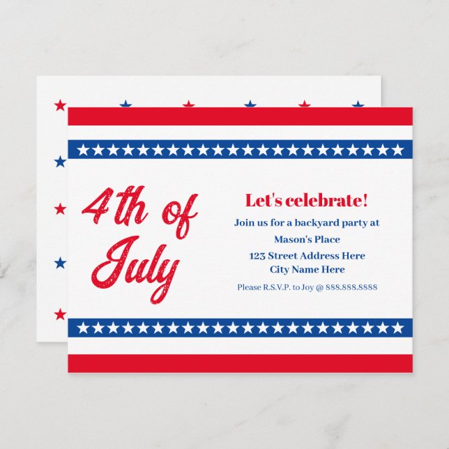 Invitación 4 de julio Estrellas y rayas blancas y azules roja (Anverso / Reverso)