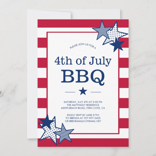 Invitación 4 de julio Estrellas y Stripes Moderno Patriótico  (Anverso)