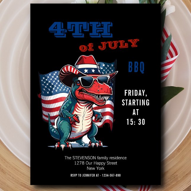 Invitación 4 de julio feliz dinosaurio con la bandera estadou (Subido por el creador)