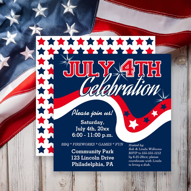Invitación 4 de julio Festejos Celebración Oleada Fuegos arti (Red, White and Blue July 4th Stars Celebration Wave Fireworks Invitation)