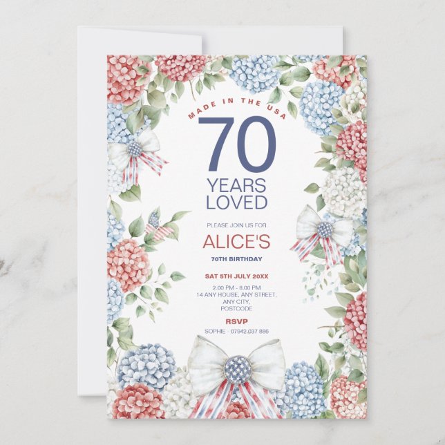 Invitación 4 de julio Fiesta 70 cumpleaños, hito (Anverso)