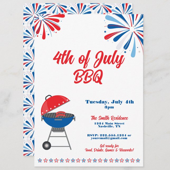 Invitación 4 de julio Fiesta BBQ Patriótico Rojo Azul Blanco (4th of July BBQ Party Invitation, Fourth of July Cookout, Patriotic Red White & Blue)
