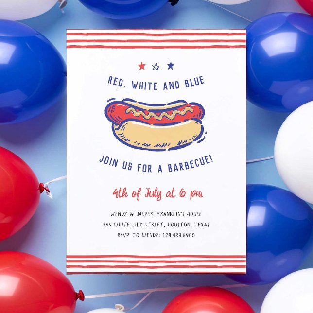 Invitación 4 de julio Fiesta BBQ Quirky manos a la obra (Hot dog BBQ 4th of July party invitation)