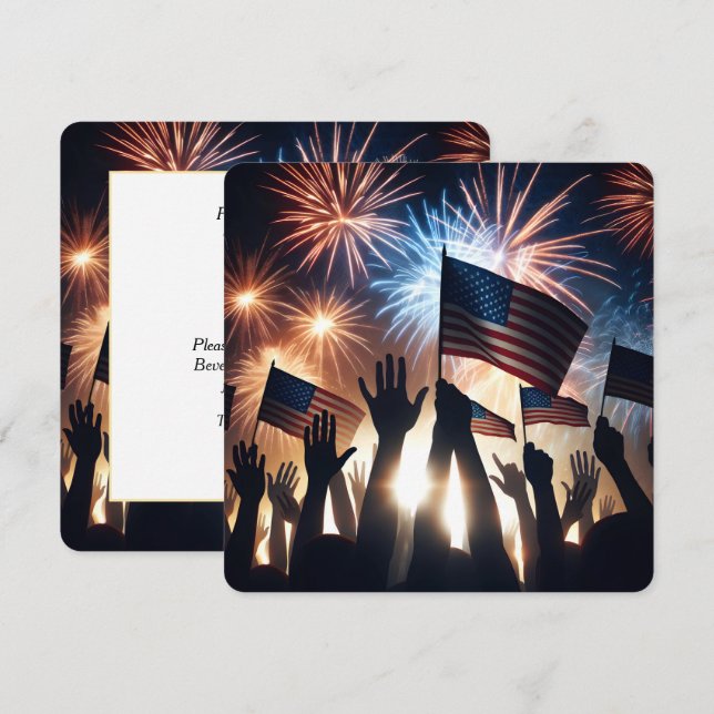 Invitación 4 de julio Fiesta con banderas y fuegos artificial (Anverso / Reverso)