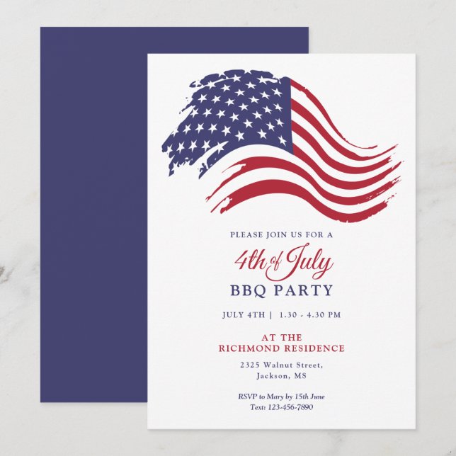 Invitación 4 De Julio Fiesta De Bandera Estadounidense (Anverso / Reverso)