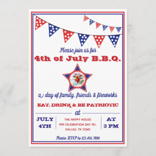 Invitación 4 de julio, fiesta de barbacoa rojo, blanco y azul