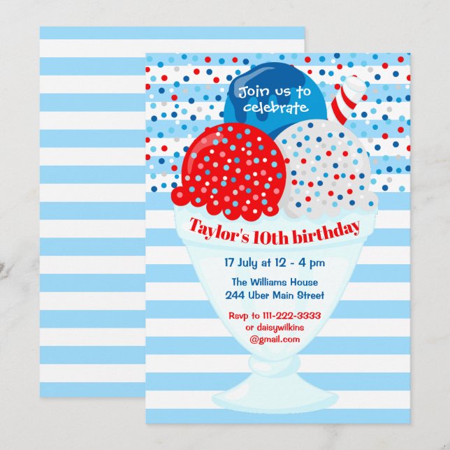 Invitación 4 de julio, fiesta de cumpleaños del helado (Anverso / Reverso)