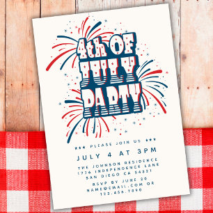 Invitación 4 de julio Fiesta de fuegos artificiales rojos, bl